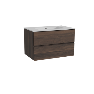 Storke Edge zwevend badkamermeubel 85 x 52 cm notelaar met Diva enkele wastafel in composietmarmer glanzend wit