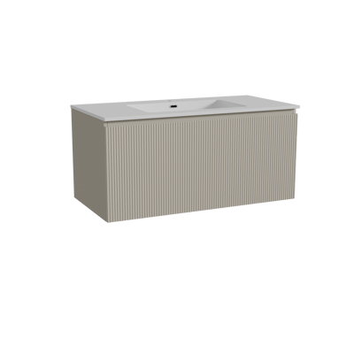 Storke Ribs meuble salle de bains suspendu 105 x 52 cm soie grise avec Diva plan simple en marbre composite blanc brillant, Nervure droite symétrique verticale