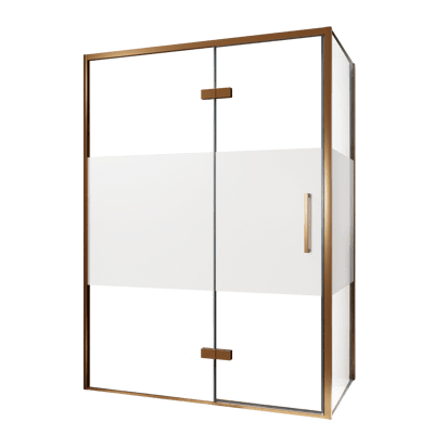 Balmani Senses Design Eckdusche: Drehtür (Links) mit fixierte Seitenwand, 140 x 100 cm, Klarglas mit mattiertem Streifen, Profil Brushed Rosegold