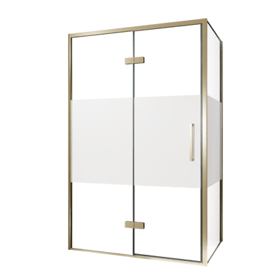 Balmani Senses Design Eckdusche: Drehtür (Links) mit fixierte Seitenwand, 120 x 100 cm, Klarglas mit mattiertem Streifen, Profil Brushed Champagner Gold