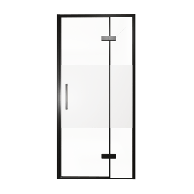 Balmani Senses Design Dusche Drehtür, Rechts, 100 cm x 210 cm, Klarglas mit mattiertem Streifen, Profil Schwarz