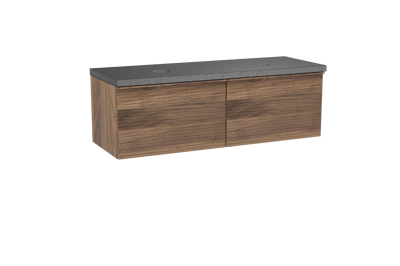 Balmani Forma zwevend badkamermeubel 150 x 55 cm amerikaanse notelaar met Rock dubbel tablet in graniet zwart, Horizontale symmetrische rechte ribbel