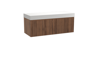 Balmani Fila zwevend badmeubel 135 x 55 cm notenhout met Dominus enkel of dubbel wastafelblad in solid surface mat wit, Verticale symmetrische rechte ribbel