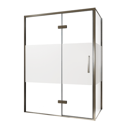 Balmani Senses Design Eckdusche: Drehtür (Links) mit fixierte Seitenwand, 140 x 80 cm, Klarglas mit mattiertem Streifen, Profil Brushed GunMetal