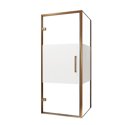 Balmani Senses Design Eckdusche: Drehtür (Links) mit fixierte Seitenwand, 90 x 80 cm, Klarglas mit mattiertem Streifen, Profil Brushed Rosegold