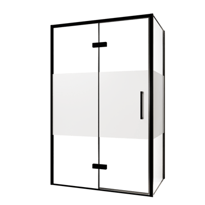 Balmani Senses Design Eckdusche: Drehtür (Links) mit fixierte Seitenwand, 120 x 100 cm, Klarglas mit mattiertem Streifen, Profil Schwarz