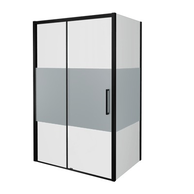 Balmani Senses Design douche en coin avec porte coulissante à gauche et paroi latérale fixe, 140 x 100 cm, Verre transparent avec bande matte, Profil Noir mat