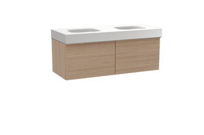 Balmani Forma meuble salle de bains suspendu 135 x 55 cm chêne naturel avec Arcato double vasque en solid surface blanc mat, Nervure droite symétrique horizontale