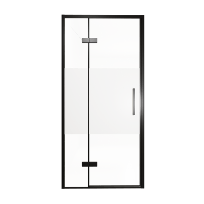 Balmani Senses Design Dusche Drehtür, Links, 100 cm x 210 cm, Klarglas mit mattiertem Streifen, Profil Schwarz