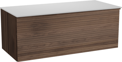 Balmani Forma zwevend badkamermeubel 120 x 55 cm amerikaanse notelaar met Stretto enkel of dubbel tablet in solid surface mat wit, Horizontale symmetrische rechte ribbel