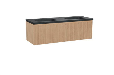 Balmani Fila hängendes Möbelstück Set: 150 x 55 cm, Naturbelassene Eiche, mit Napoli Doppelwaschtisch, Granit, Schwarzes Granit, Vertikale symmetrische gerade Rippe