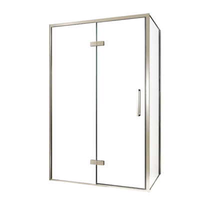 Balmani Senses Design douche en coin avec porte pivotante à gauche et paroi latérale fixe, 120 x 100 cm, Verre transparent, Profil Brushed CoolMetal