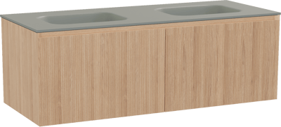 Balmani Fila zwevend badkamermeubel 135 x 55 cm natuur eik met Tablo Arcato dubbele wastafel in solid surface steengrijs, Verticale symmetrische rechte ribbel
