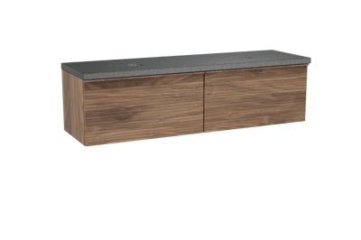 Balmani Forma meuble salle de bains suspendu 180 x 55 cm noyer américain avec Rock tablette double en granit noir, Nervure gauche symétrique horizontale