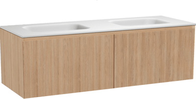 Balmani Fila meuble salle de bains suspendu 150 x 55 cm chêne naturel avec Tablo Arcato double vasque en solid surface blanc mat, Nervure droite symétrique verticale
