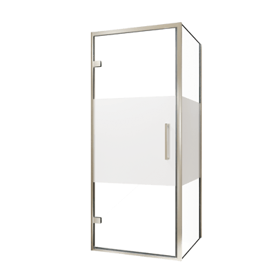 Balmani Senses Design douche en coin avec porte pivotante à gauche et paroi latérale fixe, 90 x 100 cm, Verre transparent avec bande matte, Profil Brushed CoolMetal