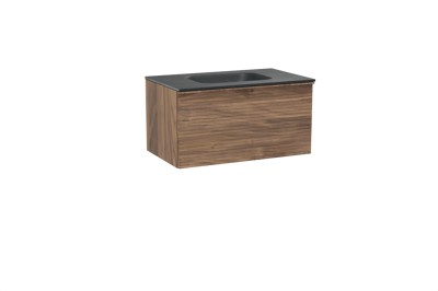 Balmani Forma hängendes Möbelstück Set: 90 x 55 cm, Amerikanischer Nussbaum, mit Tablo Arcato Einzelwaschtisch, Granit, Schwarzes Granit, Horizontale symmetrische gerade Rippe