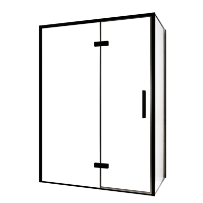 Balmani Senses Design douche en coin avec porte pivotante à gauche et paroi latérale fixe, 140 x 70 cm, Verre transparent, Profil noir