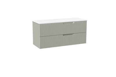 Linie Ribbo meuble salle de bains suspendu 120 x 46 cm greige avec Lado tablette double en marbre composite blanc brillant, Nervure circulaire symétrique verticale