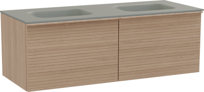 Balmani Forma zwevend badkamermeubel 135 x 55 cm natuur eik met Tablo Arcato dubbele wastafel in solid surface steengrijs, Horizontale symmetrische rechte ribbel