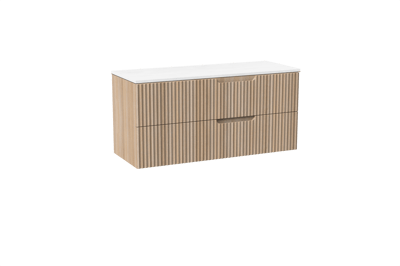 Linie Ribbo zwevend badkamermeubel 120 x 46 cm lichte eik met Lado dubbel tablet in composietmarmer glanzend wit, Verticale symmetrische ronde ribbel