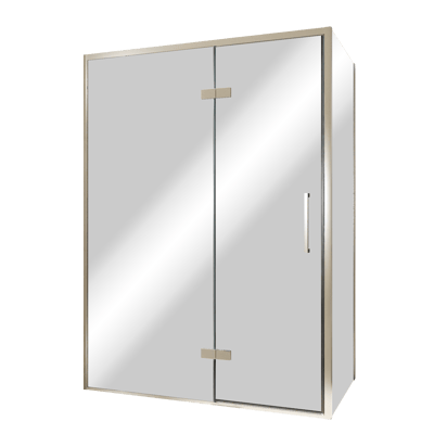 Balmani Senses Design douche en coin avec porte pivotante à gauche et paroi latérale fixe, 140 x 90 cm, Miroir Reflex, Profil Brushed CoolMetal