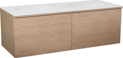 Balmani Forma meuble salle de bains suspendu 135 x 55 cm chêne naturel avec Tablo Oval double vasque en solid surface blanc mat, Nervure droite symétrique horizontale