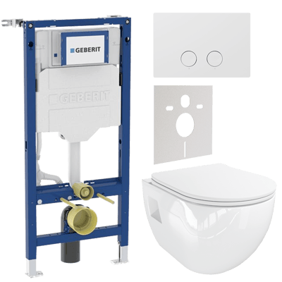 WC Set: Linie Waldo Hänge WC, Weiß glänzend, spülrandlos, Geberit UP320 Systemfix Einbauspülkasten mit Luca Varess Betätigungsplatte