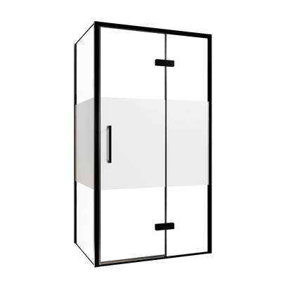 Balmani Senses Design douche en coin avec porte pivotante à droite et paroi latérale fixe, 100 x 80 cm, Verre transparent avec bande matte, Profil noir