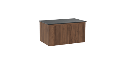 Balmani Fila hängendes Möbelstück Set: 90 x 55 cm, Nussbaum, mit Stretto Einzel Waschtischplatte, Granit, Schwarzes Granit, Vertikale symmetrische gerade Rippe