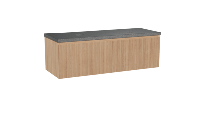 Balmani Fila hängendes Möbelstück Set: 150 x 55 cm, Naturbelassene Eiche, mit Rock Doppel Waschtischplatte, Granit, Schwarzes Granit, Vertikale symmetrische gerade Rippe