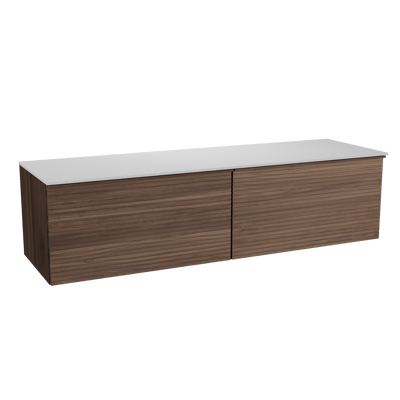 Balmani Forma hängendes Möbelstück Set: 180 x 55 cm, Amerikanischer Nussbaum, mit Stretto Einzel- oder Doppel Waschtischplatte, Solid Surface, Weiß matt, Horizontale symmetrische gerade Rippe