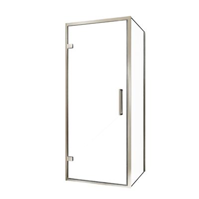 Balmani Senses Design douchehoek met linkse draaideur en vaste zijwand, 90 x 70 cm, Helder glas, Brushed CoolMetal profielen
