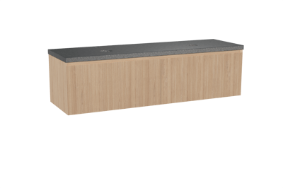 Balmani Fila hängendes Möbelstück Set: 180 x 55 cm, Naturbelassene Eiche, mit Rock Doppel Waschtischplatte, Granit, Schwarzes Granit, Vertikale symmetrische gerade Rippe