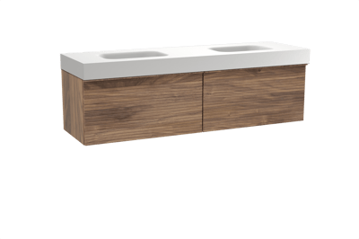 Balmani Forma zwevend badkamermeubel 180 x 55 cm amerikaanse notelaar met Arcato dubbele wastafel in solid surface mat wit, Horizontale symmetrische rechte ribbel