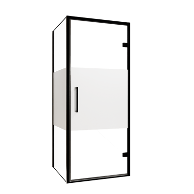 Balmani Senses Design douchehoek met rechtse draaideur en vaste zijwand, 90 x 100 cm, Helder glas met matte strook, Zwarte profielen