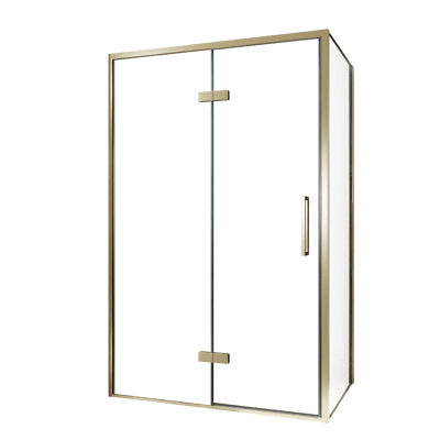 Balmani Senses Design douche en coin avec porte pivotante à gauche et paroi latérale fixe, 120 x 90 cm, Verre transparent, Profil Brushed Champagne Gold