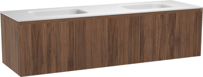 Balmani Fila zwevend badmeubel 180 x 55 cm notenhout met Tablo Arcato dubbele wastafel in solid surface mat wit, Verticale symmetrische rechte ribbel