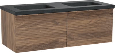 Balmani Forma meuble salle de bains suspendu 135 x 55 cm noyer américain avec Napoli double vasque en granit noir, Nervure droite symétrique horizontale