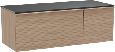 Balmani Forma zwevend badkamermeubel 135 x 55 cm natuur eik met Stretto enkel of dubbel tablet in graniet zwart, Horizontale symmetrische rechte ribbel