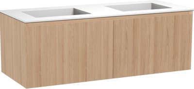 Balmani Fila meuble salle de bains suspendu 135 x 55 cm chêne naturel avec Tablo Stretto double vasque en solid surface blanc mat, Nervure droite symétrique verticale