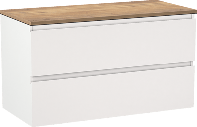 Linie Lado hängendes Möbelstück Set: 100 x 46 cm, Weiß matt, mit Lado Einzel- oder Doppel Waschtischplatte, Melamin Naturbelassene Eiche