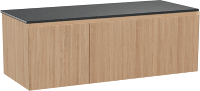 Balmani Fila zwevend badkamermeubel 135 x 55 cm natuur eik met Stretto enkel of dubbel tablet in graniet zwart, Verticale symmetrische rechte ribbel