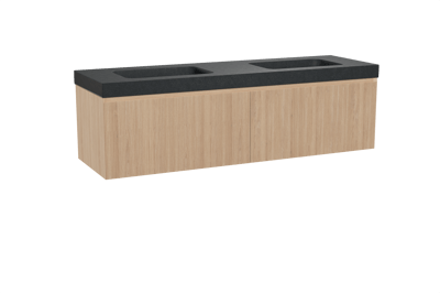 Balmani Fila zwevend badkamermeubel 180 x 55 cm natuur eik met Napoli dubbele wastafel in graniet zwart, Verticale symmetrische rechte ribbel