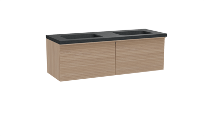 Balmani Forma hängendes Möbelstück Set: 150 x 55 cm, Naturbelassene Eiche, mit Napoli Doppelwaschtisch, Granit, Schwarzes Granit, Horizontale symmetrische gerade Rippe