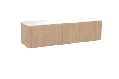 Balmani Fila zwevend badkamermeubel 180 x 55 cm natuur eik met Stretto enkel of dubbel tablet in solid surface mat wit, Verticale symmetrische rechte ribbel