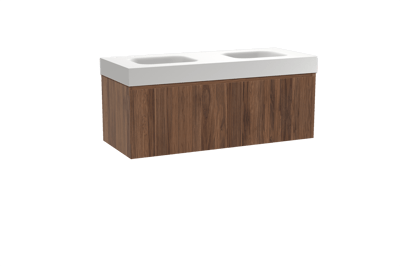 Balmani Fila hängendes Möbelstück Set: 135 x 55 cm, Nussbaum, mit Arcato Doppelwaschtisch, Solid Surface, Weiß matt, Vertikale symmetrische gerade Rippe