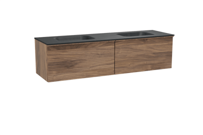 Balmani Forma zwevend badkamermeubel 180 x 55 cm amerikaanse notelaar met Tablo Arcato dubbele wastafel in graniet zwart, Horizontale symmetrische rechte ribbel