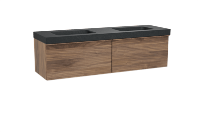 Balmani Forma meuble salle de bains suspendu 180 x 55 cm noyer américain avec Napoli double vasque en granit noir, Nervure droite symétrique horizontale