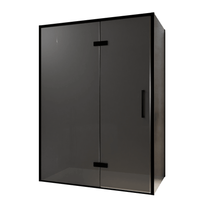 Balmani Senses Design douche en coin avec porte pivotante à gauche et paroi latérale fixe, 140 x 90 cm, Verre fumé, Profil noir